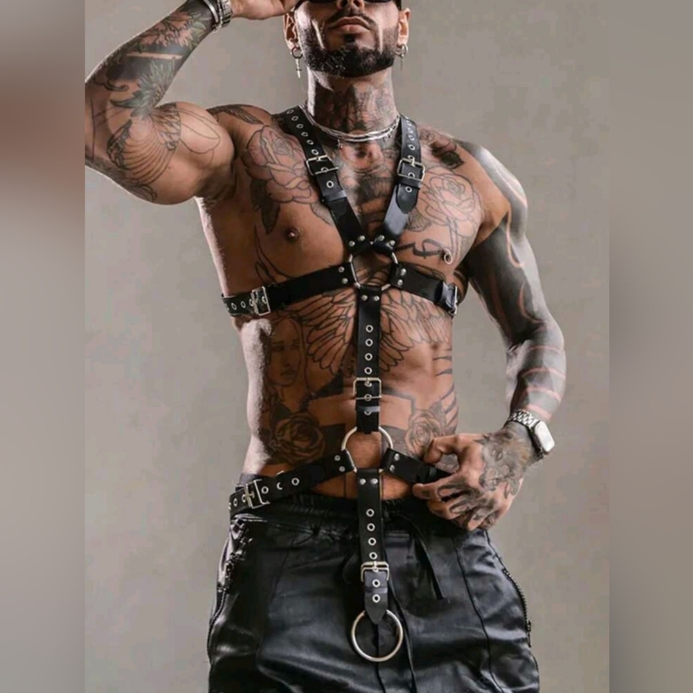 Men's Pu Leather Waist Harness Suspender Full Body Restraint Top - Picture 3 of 4